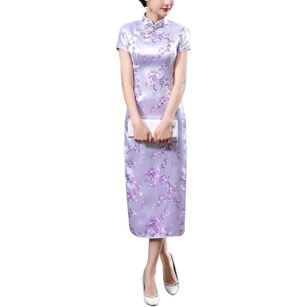 5834 Vintage Short Sleeve Maxi Cheongsam Print High Slit Side Traditional